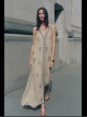 Zara Beige Embroidered V-Neck Maxi Dress
